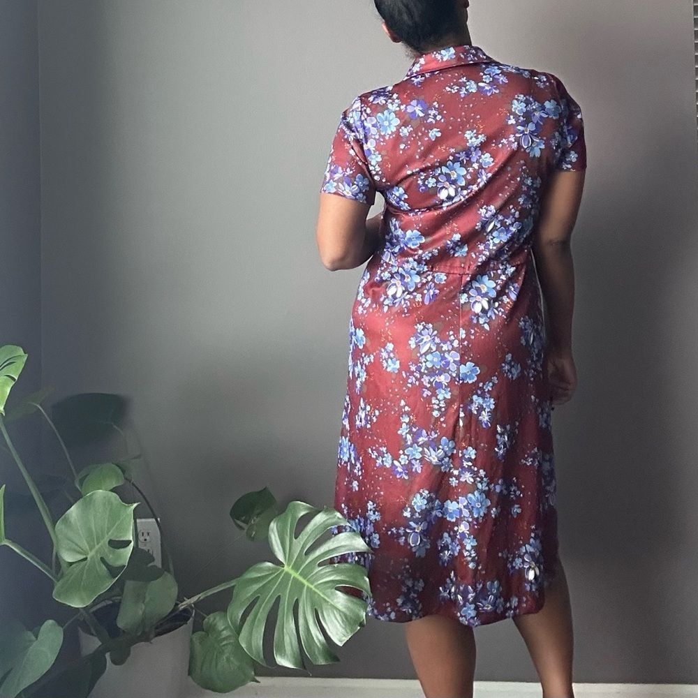 Vintage Brown and Violet Floral Midi Dress A Line Short Sleeves Women’s Size M - Picture 8 of 8